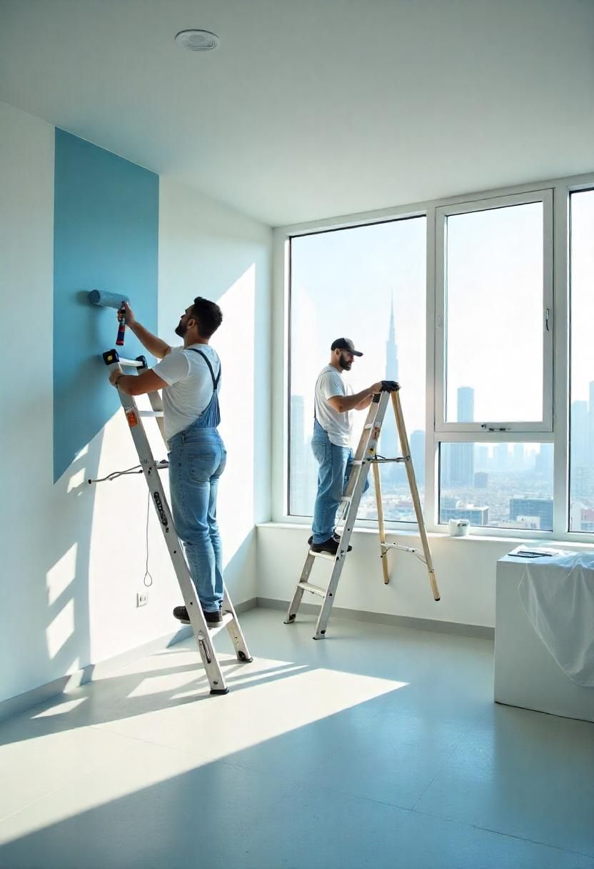 Two Prestige Home Experts painters cutting in and rolling the walls of a bright interior room