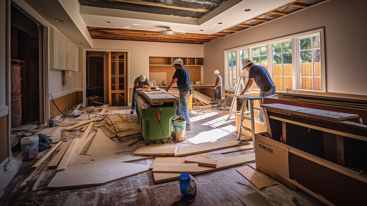 Renovation crew working through an open-plan interior during a full home remodel