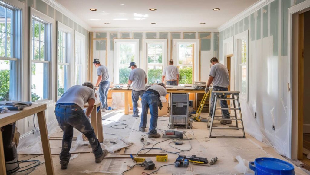 A crew of construction workers renovating a bright home interior with tools and unfinished walls